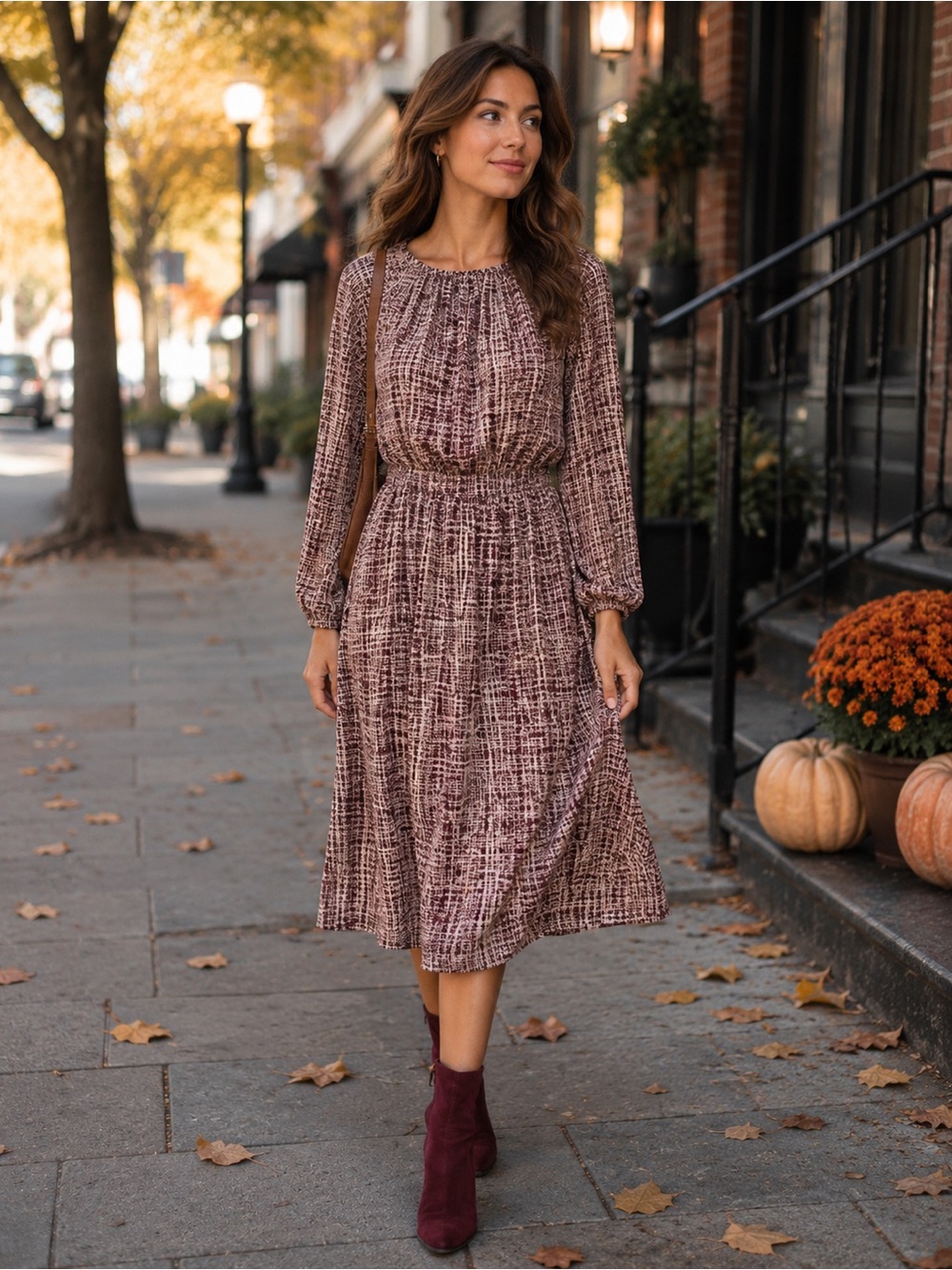 Prologue Dress Burgundy Printed 3/4 Sleeve Midi Cinched Waist